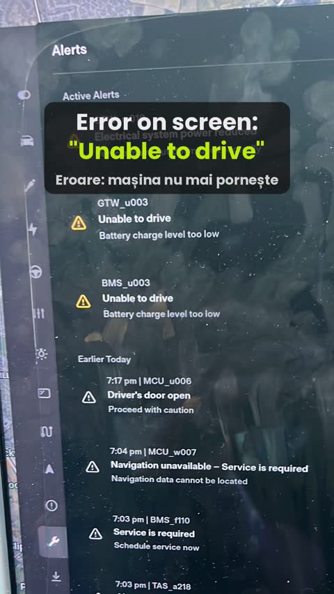 Tesla screen showing Unable to drive alerts